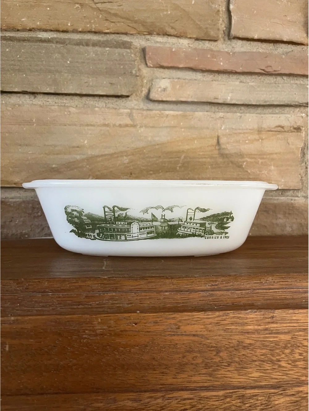 Vintage Currier & Ives Milk Glass Casserole Dish with Green Steamboat Design